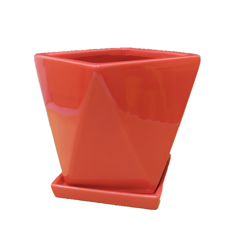 Ceramic polygon flower vase red with base