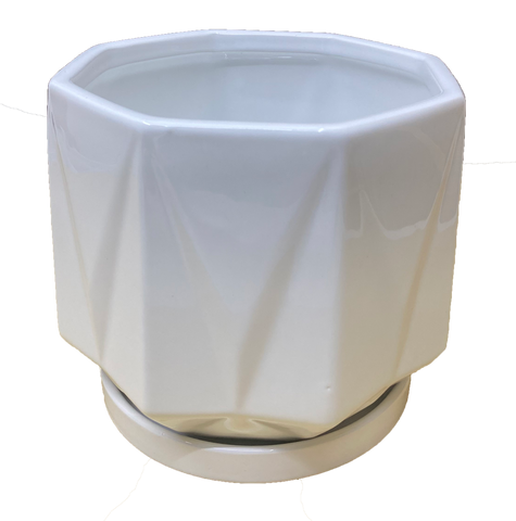 Ceramic hex polygon flower pot vase white with base