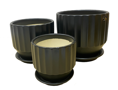 Ceramic cylinder flower pot vase black stipe set of 3 with base Kreative