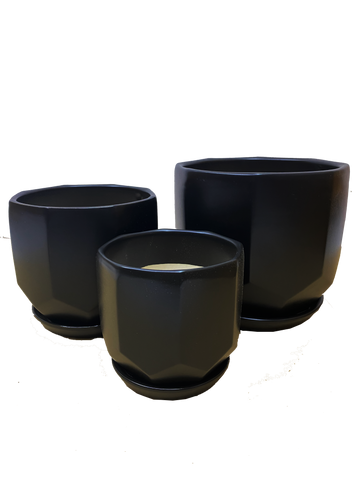 Ceramic hexagon flower pot vase black set of 3 with base Kreative