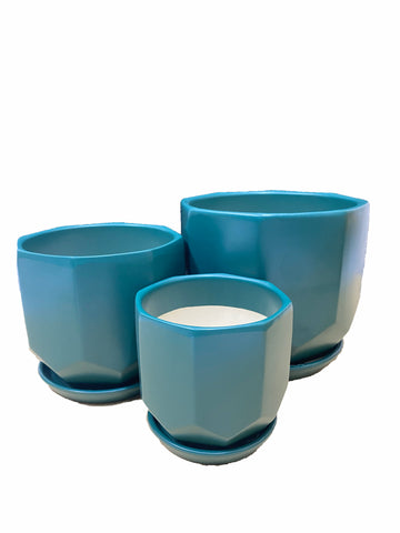 Ceramic hexagon flower pot vase green set of 3 with base Kreative