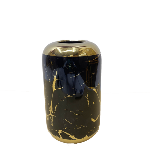 Ceramic flower vase black gold cylinder shape